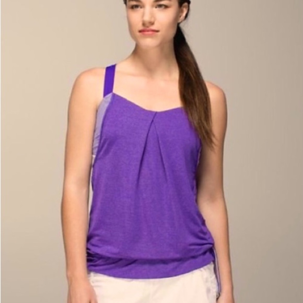 Lululemon “Less Rest” Heathered Purple Tank with Striped Sports Bra